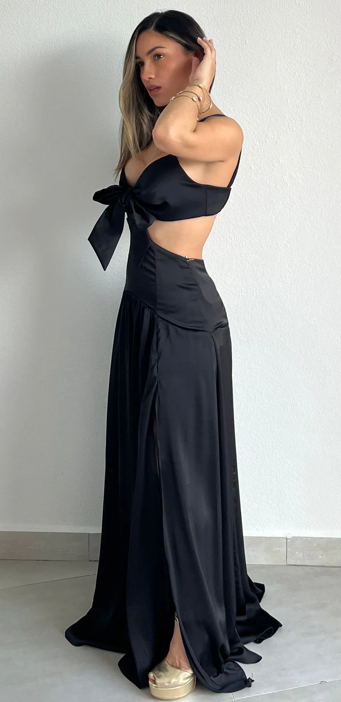 Work of Art Black Satin Maxi Dress