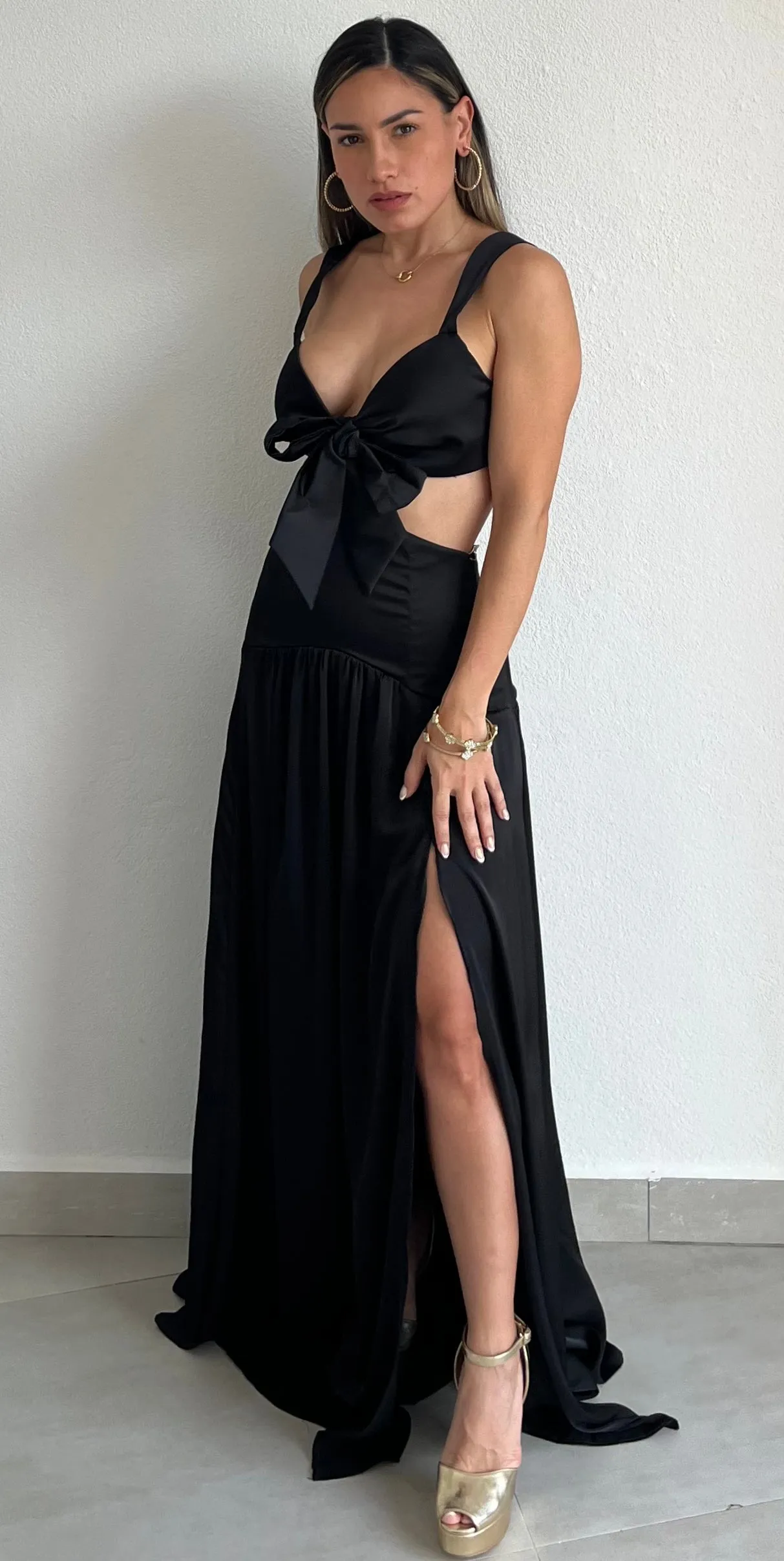 Work of Art Black Satin Maxi Dress