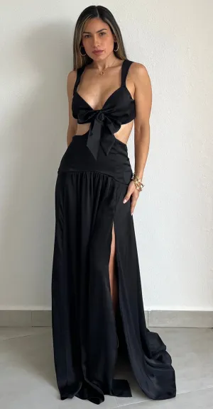 Work of Art Black Satin Maxi Dress