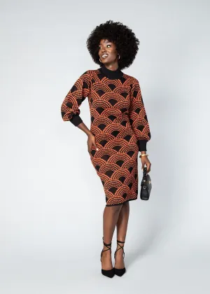 Zania Women's African Print Sweater Dress (Black Amber Dots)